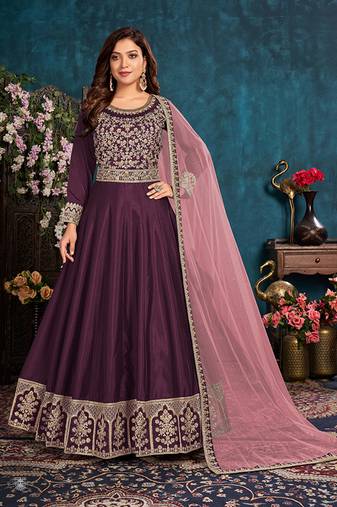 Dark-wine embroidered art silk salwar