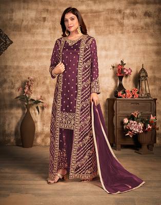 Dark-purple resham embroidery net salwar 1