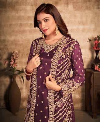 Dark-purple resham embroidery net salwar 2