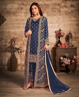 Dark-blue resham embroidery net salwar 1