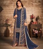Dark-blue resham embroidery net salwar