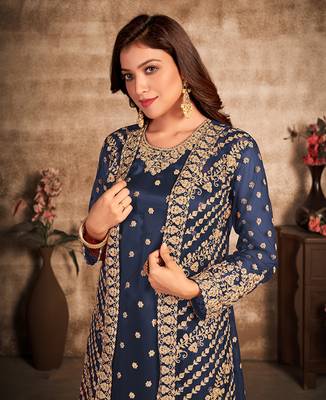 Dark-blue resham embroidery net salwar 2
