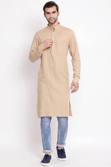 Beige Plain Blended Cotton Men-Kurtas