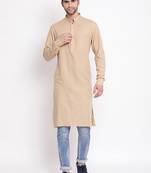 Beige Plain Blended Cotton Men-Kurtas