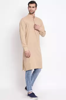 Beige Plain Blended Cotton Men-Kurtas