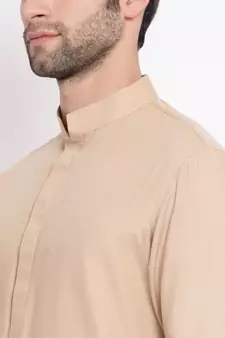 Beige Plain Blended Cotton Men-Kurtas