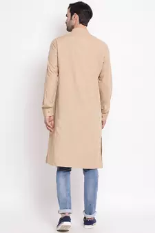 Beige Plain Blended Cotton Men-Kurtas