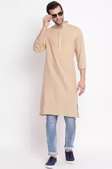 Beige Plain Blended Cotton Men-Kurtas