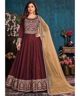 Maroon Embroidered Belt Style Silk Anarkali Suit 1