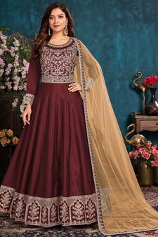 Maroon Embroidered Belt Style Silk Anarkali Suit