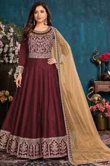 Maroon Embroidered Belt Style Silk Anarkali Suit