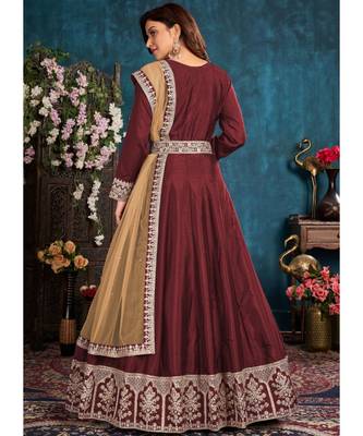 Maroon Embroidered Belt Style Silk Anarkali Suit 2