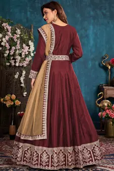 Maroon Embroidered Belt Style Silk Anarkali Suit