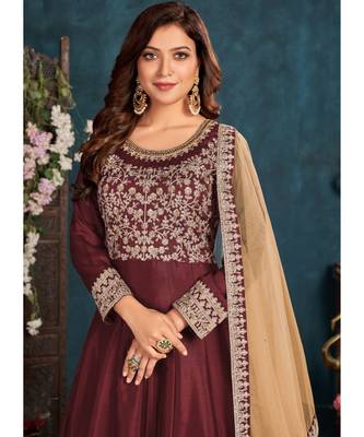 Maroon Embroidered Belt Style Silk Anarkali Suit 3