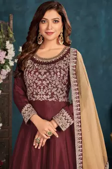 Maroon Embroidered Belt Style Silk Anarkali Suit