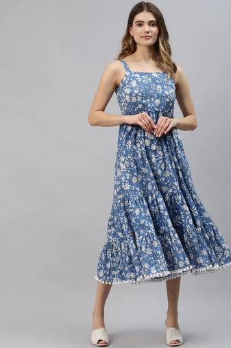Blue printed cotton long-dresses