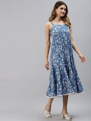 Blue printed cotton long-dresses 3