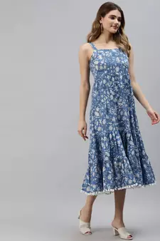 Blue printed cotton long-dresses
