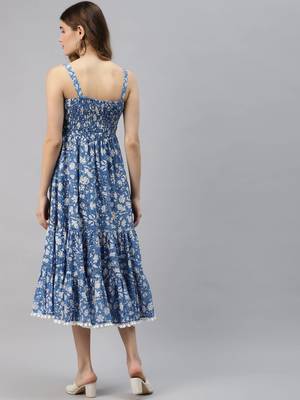 Blue printed cotton long-dresses 4