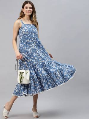 Blue printed cotton long-dresses 5
