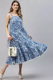 Blue printed cotton long-dresses