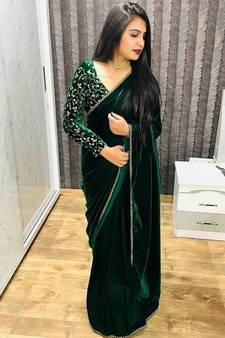 green emboroideri velvet saree