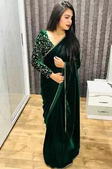 green emboroideri velvet saree