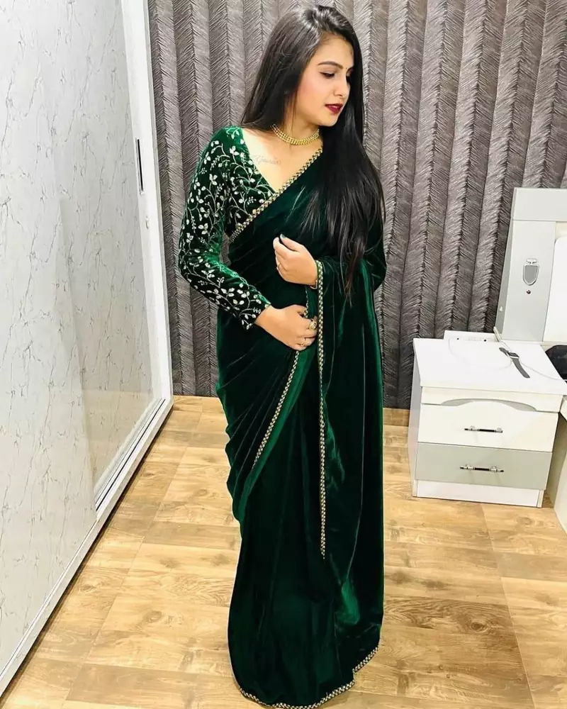green emboroideri velvet saree