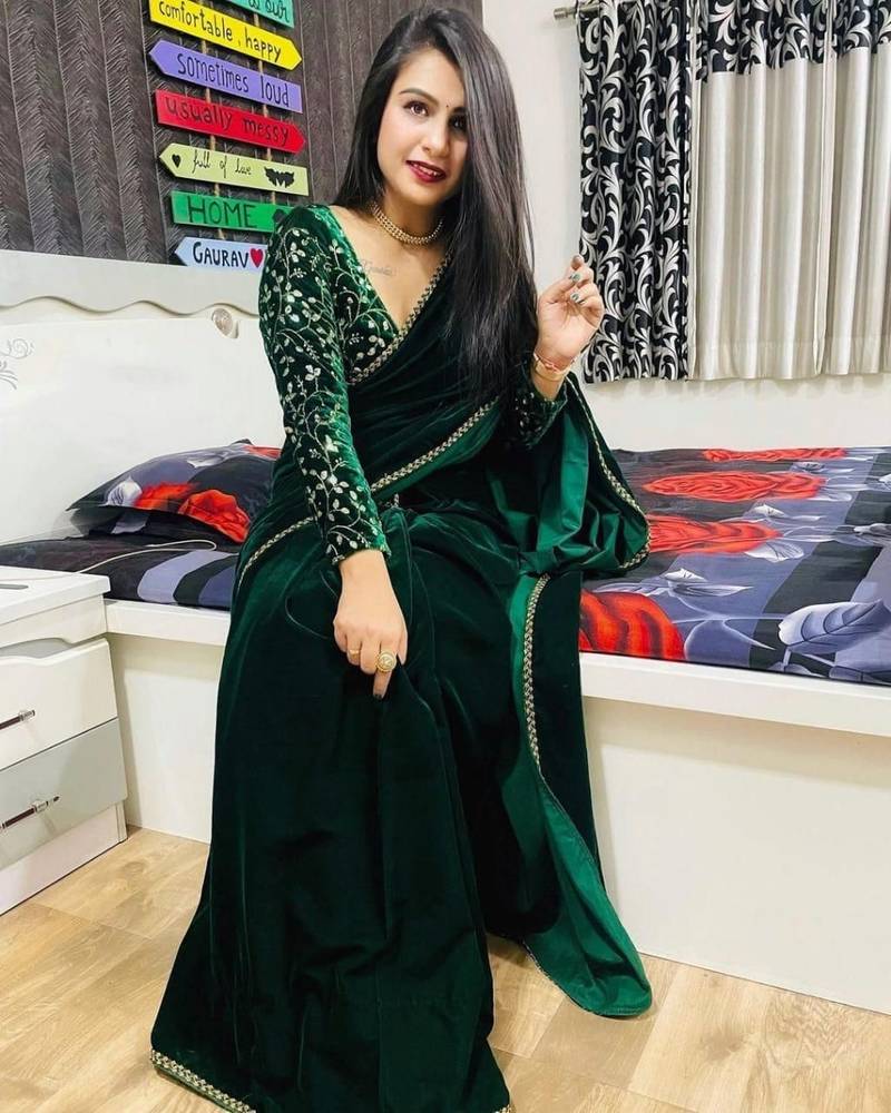 green emboroideri velvet saree
