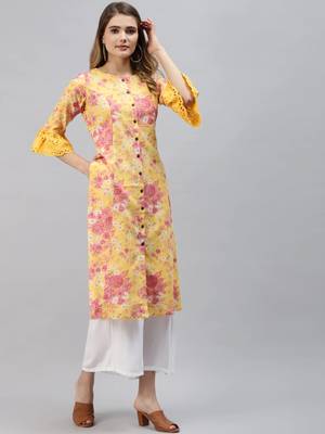 Yellow printed cotton ethnic-kurtis 1