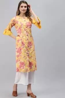 Yellow printed cotton ethnic-kurtis
