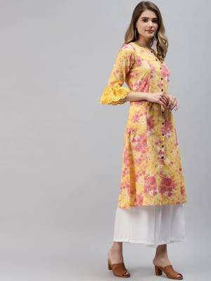 Yellow printed cotton ethnic-kurtis 3