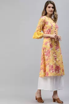 Yellow printed cotton ethnic-kurtis