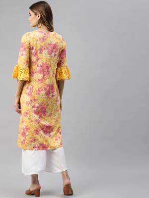 Yellow printed cotton ethnic-kurtis 4