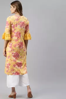 Yellow printed cotton ethnic-kurtis