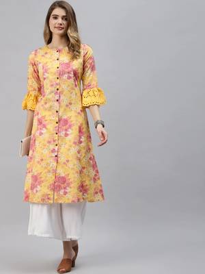 Yellow printed cotton ethnic-kurtis 5