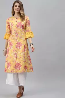 Yellow printed cotton ethnic-kurtis