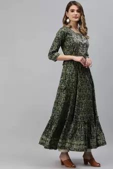 Green embroidered cotton ethnic-kurtis