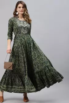 Green embroidered cotton ethnic-kurtis