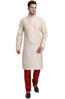 Beige printed art silk kurta-pajama