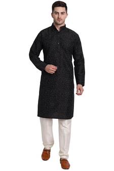 Black printed art silk kurta-pajama