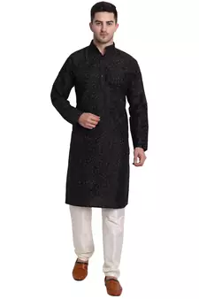 Black printed art silk kurta-pajama