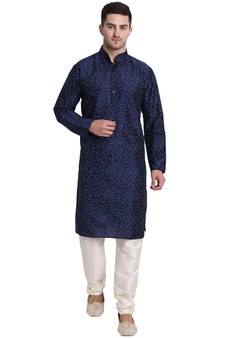 Blue printed art silk kurta-pajama