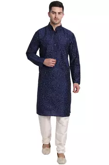 Blue printed art silk kurta-pajama