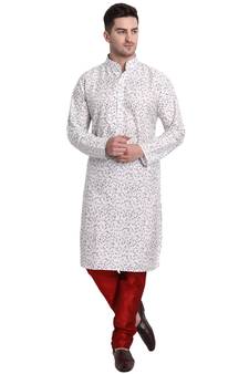 White printed art silk kurta-pajama
