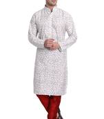 White printed art silk kurta-pajama