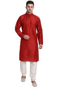 Red printed art silk kurta-pajama