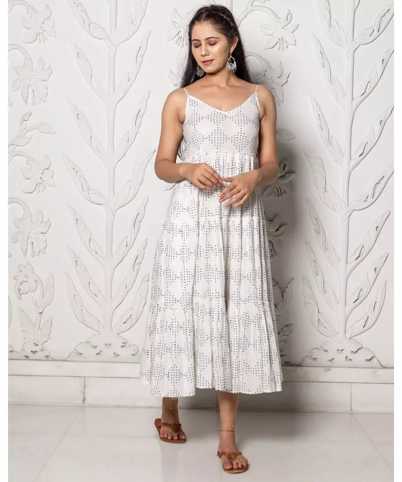 Blue & White Geometric Block Print Tyre Dress