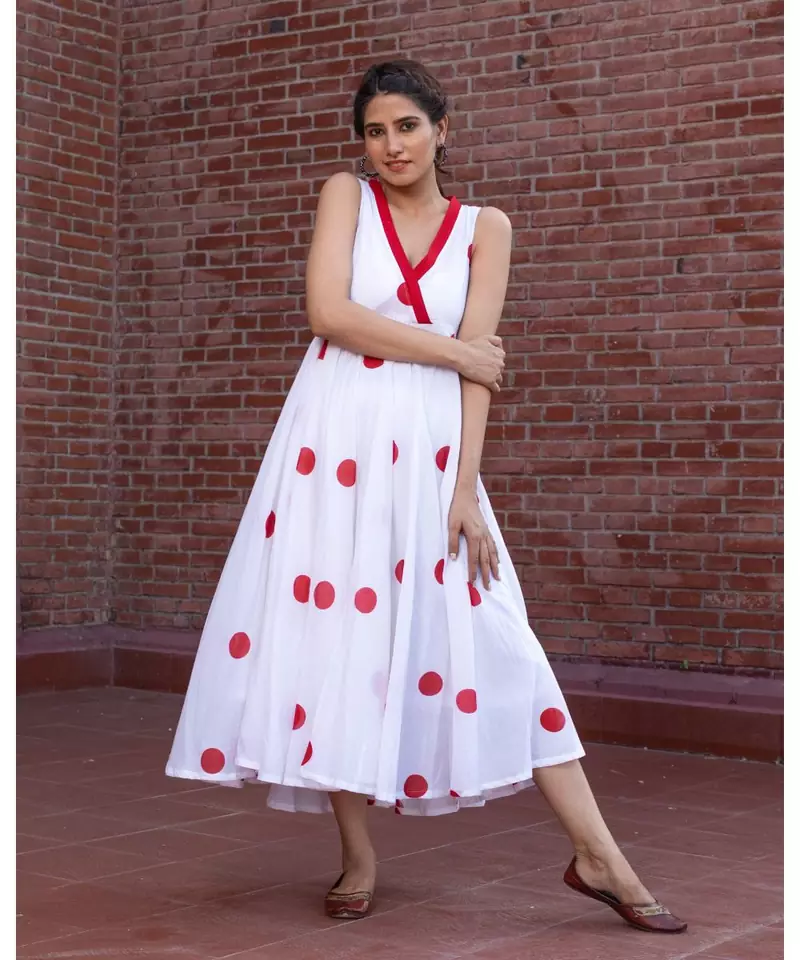 White Polka Dot Anghrakha Dress