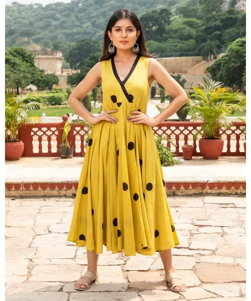Yellow Dot Anghrakha Dress Polka